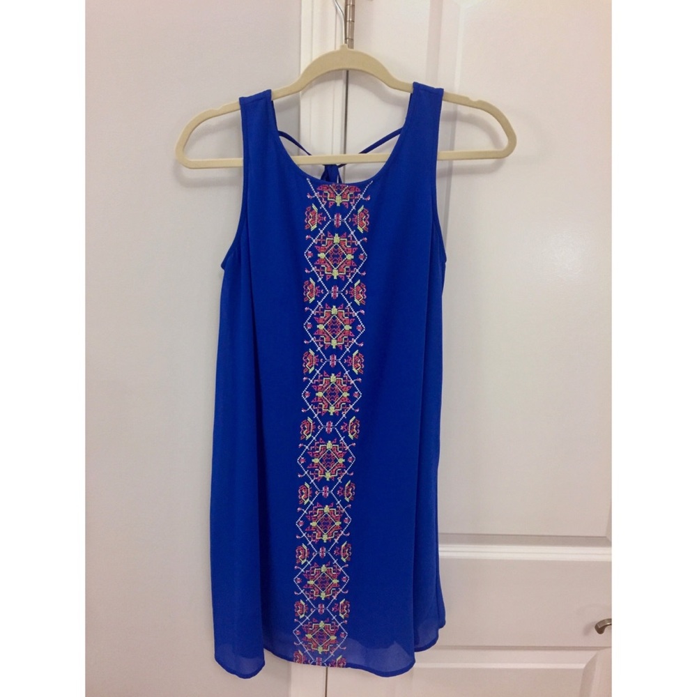 Royal Blue Embroidered Shift Dress Geometric/Aztec